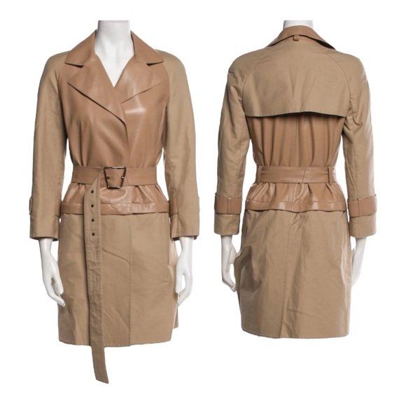 AKRIS Convertible 2in1 Lamb Leather & Cotton Trench-coat Jacket Desert Beige Sz6 - Picture 6 of 16